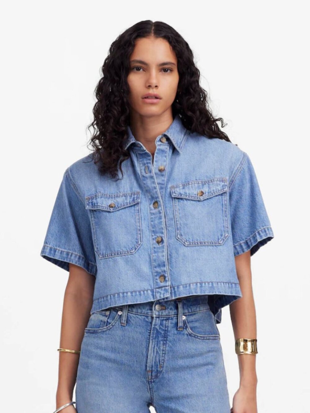 Madewell Boxy-Crop Button-Up Shirt: Airy Denim Edition in Hallstead Wash